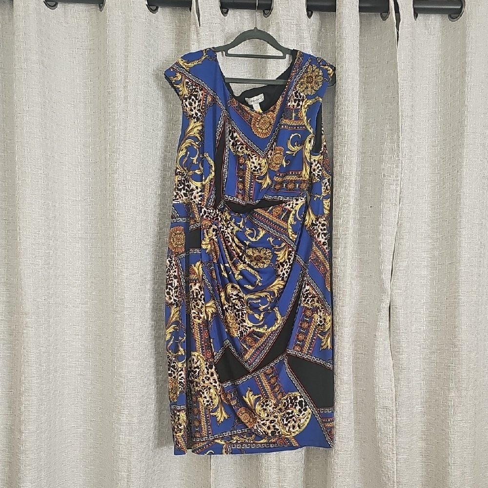 Dress Barn Elegant Blue and Gold Patterned Midi Dress